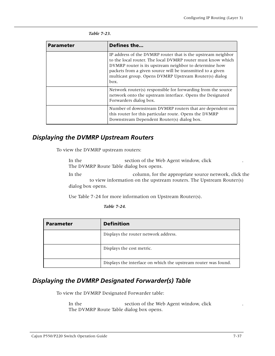 Displaying the dvmrp upstream routers, Displaying the dvmrp designated forwarder(s) table, Displaying the dvmrp designated forwarder(s) tab | Lucent Technologies P550 User Manual | Page 163 / 335