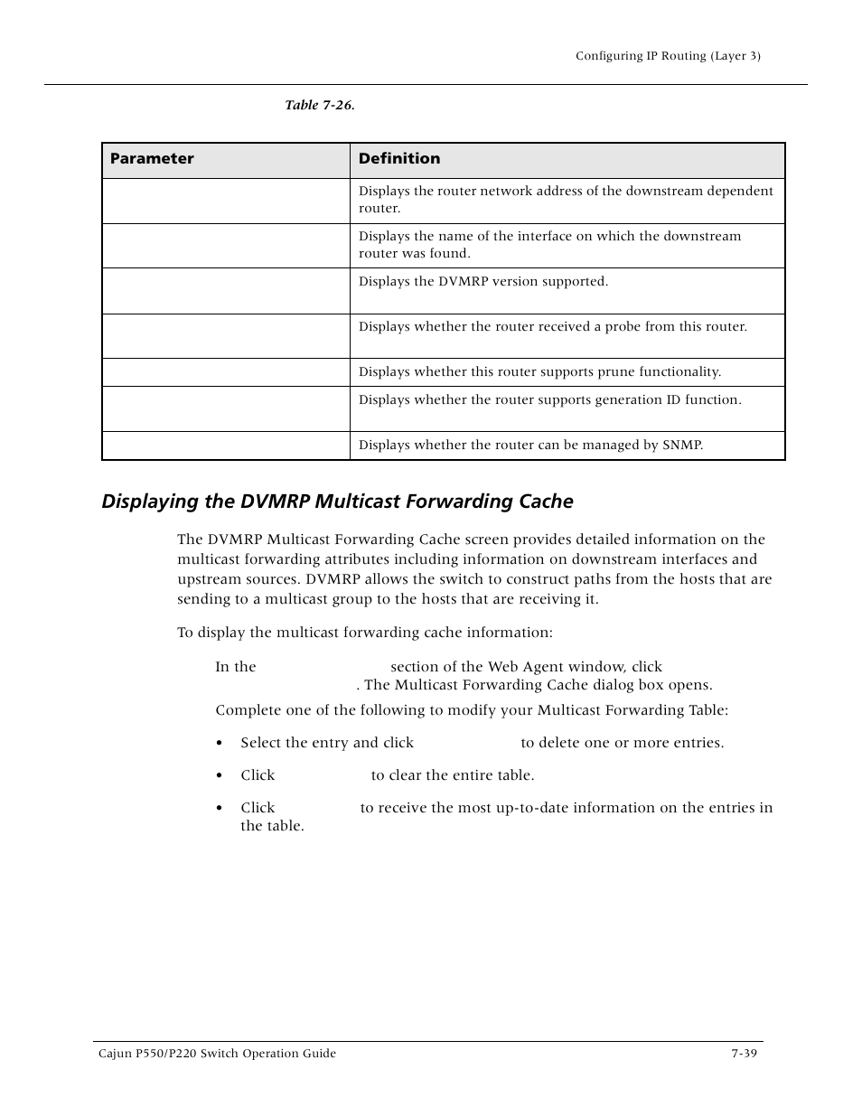 Displaying the dvmrp multicast forwarding cache, Displaying the dvmrp multicast forwarding cach | Lucent Technologies P550 User Manual | Page 165 / 335