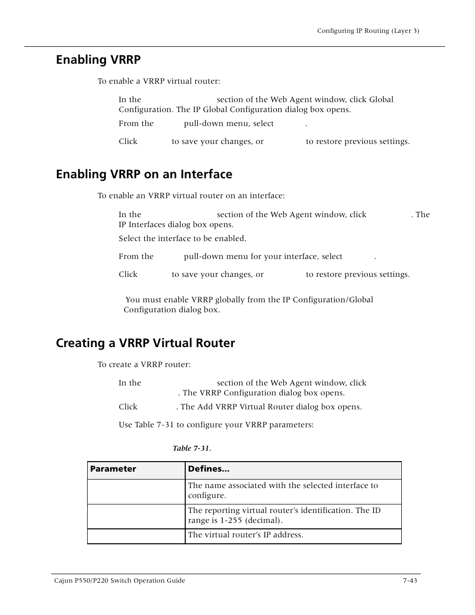 Enabling vrrp, Enabling vrrp on an interface, Creating a vrrp virtual router | Lucent Technologies P550 User Manual | Page 169 / 335