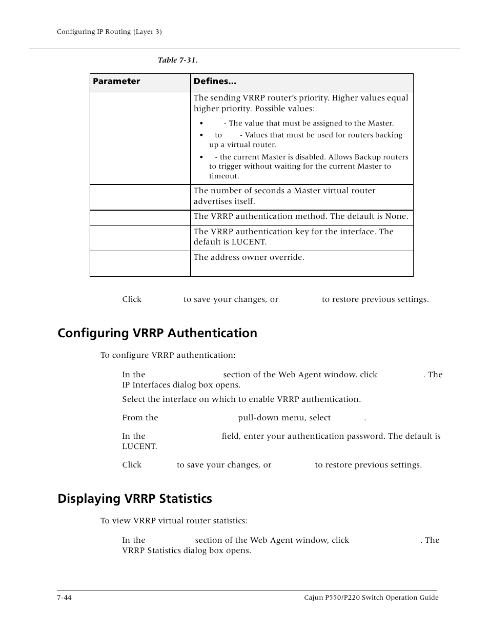 Configuring vrrp authentication, Displaying vrrp statistics | Lucent Technologies P550 User Manual | Page 170 / 335