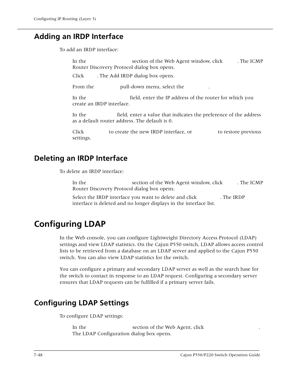 Adding an irdp interface, Deleting an irdp interface, Configuring ldap | Configuring ldap settings, Configuring ldap -48, Configuring ldap settings -48 | Lucent Technologies P550 User Manual | Page 174 / 335