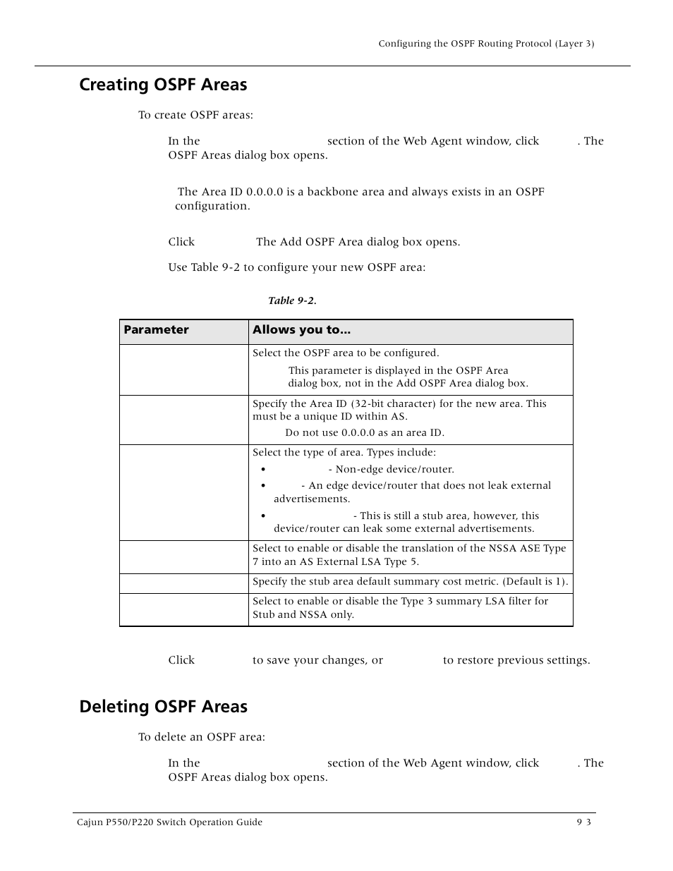 Creating ospf areas, Deleting ospf areas, Creating ospf areas -3 deleting ospf areas -3 | Creating ospf area | Lucent Technologies P550 User Manual | Page 185 / 335