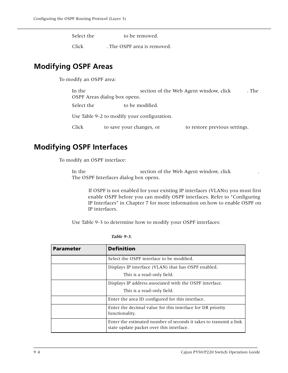 Modifying ospf areas, Modifying ospf interfaces | Lucent Technologies P550 User Manual | Page 186 / 335