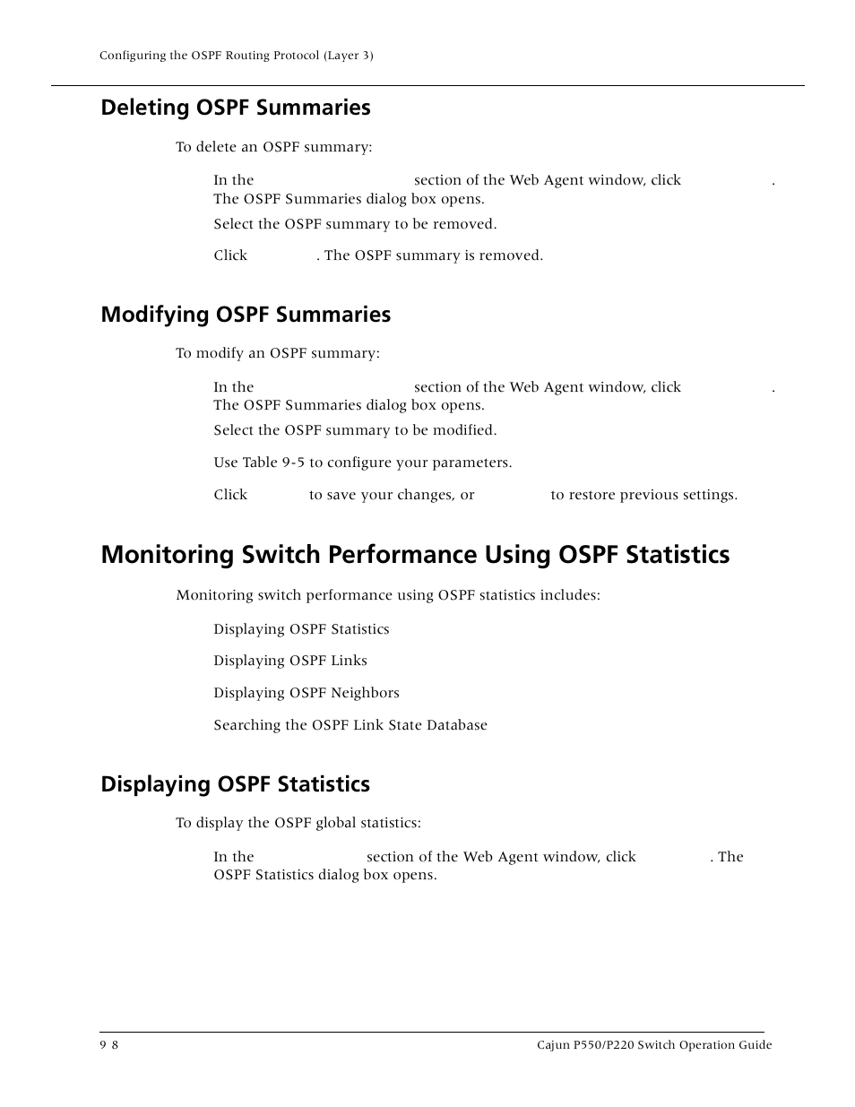 Deleting ospf summaries, Modifying ospf summaries, Displaying ospf statistics | Displaying ospf statistics -8, Forwarding rules -2, Monitoring switch performance using ospf statist | Lucent Technologies P550 User Manual | Page 190 / 335