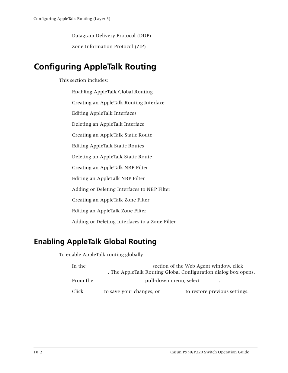 Configuring appletalk routing, Enabling appletalk global routing, Configuring appletalk routing -2 | Enabling appletalk global routing -2 | Lucent Technologies P550 User Manual | Page 200 / 335