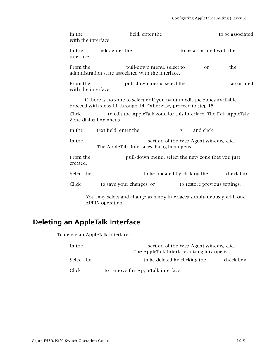 Deleting an appletalk interface, Deleting an appletalk interface -5, Deleting an appletalk interfac | Lucent Technologies P550 User Manual | Page 203 / 335