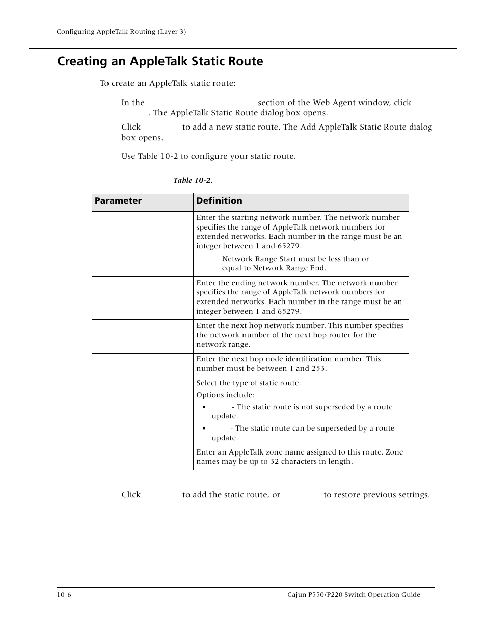 Creating an appletalk static route, Creating an appletalk static route -6, Creating an appletalk static rout | Lucent Technologies P550 User Manual | Page 204 / 335