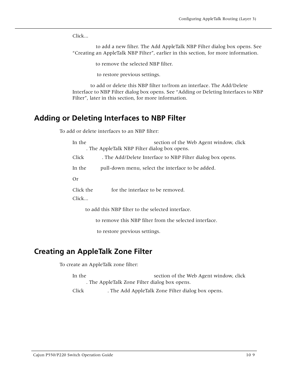 Adding or deleting interfaces to nbp filter, Creating an appletalk zone filter, Adding or deleting interfaces to nbp filt | Lucent Technologies P550 User Manual | Page 207 / 335