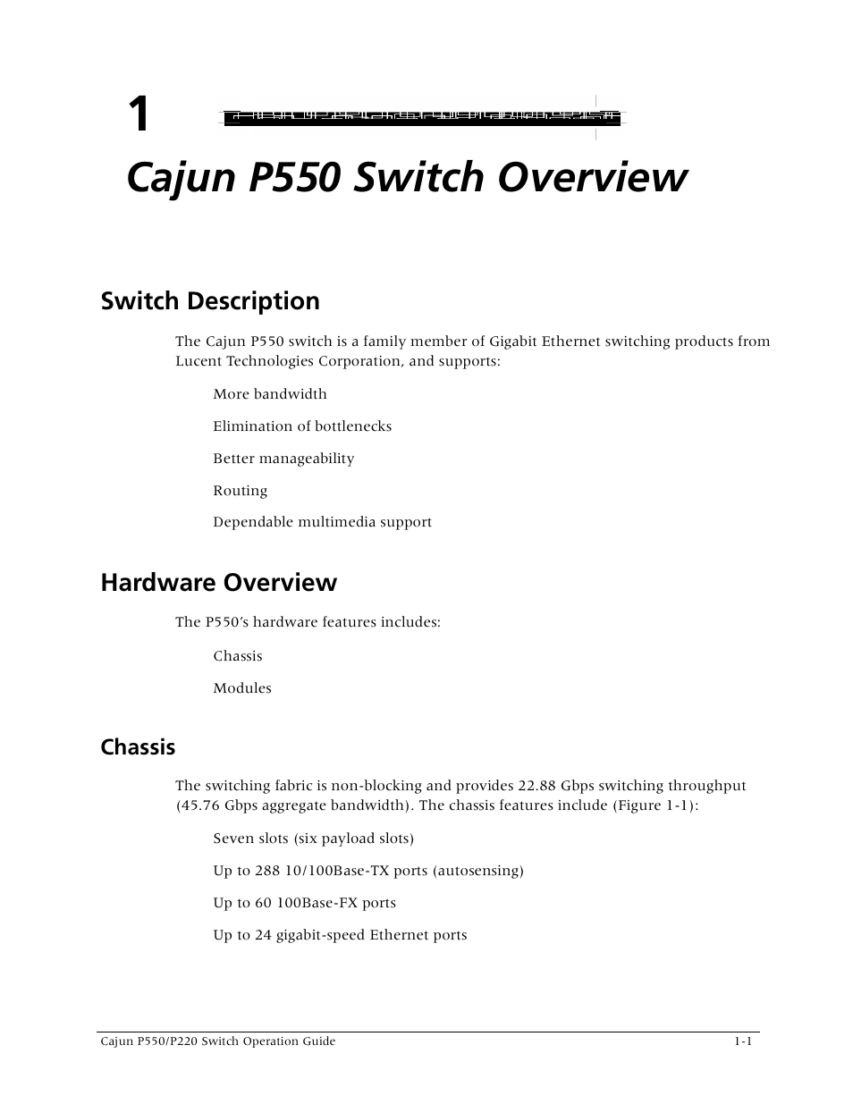 Cajun p550 switch overview, Hardware overview, Chassis | Chapter 1 — cajun p550 switch overview, Switch description -1 hardware overview -1, Chassis -1, Switch description | Lucent Technologies P550 User Manual | Page 21 / 335