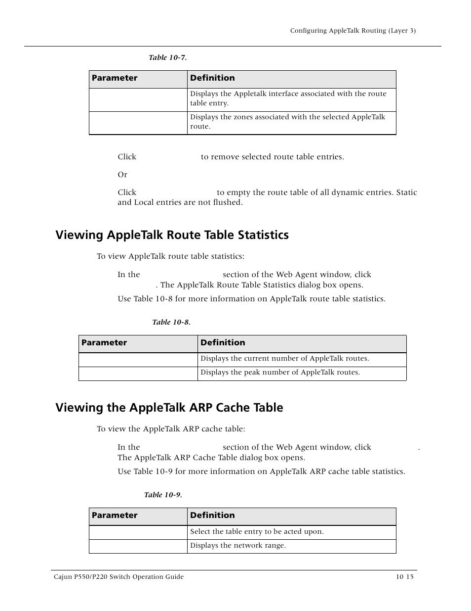 Viewing appletalk route table statistics, Viewing the appletalk arp cache table, Viewing appletalk route table statistic | Viewing the appletalk arp cache tab | Lucent Technologies P550 User Manual | Page 213 / 335