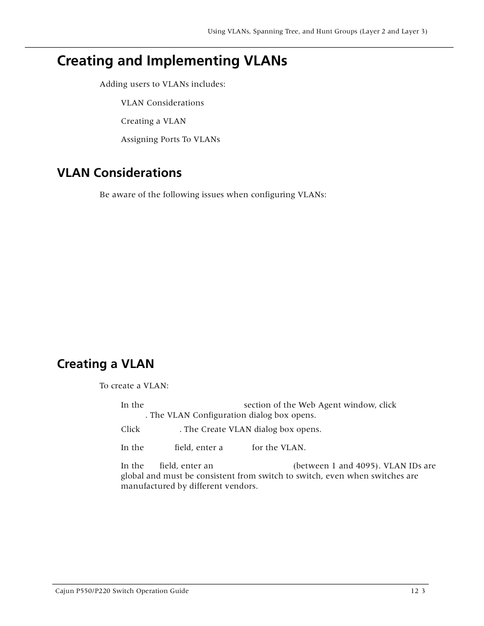 Creating and implementing vlans, Vlan considerations, Creating a vlan | Creating and implementing vlans -3, Vlan considerations -3 creating a vlan -3, O “creating and implementing, Vlans, Er to "creating a vlan | Lucent Technologies P550 User Manual | Page 225 / 335