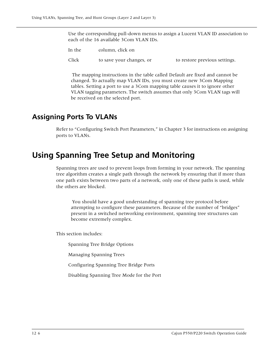 Assigning ports to vlans, Using spanning tree setup and monitoring, Assigning ports to vlans -6 | Using spanning tree setup and monitoring -6 | Lucent Technologies P550 User Manual | Page 228 / 335