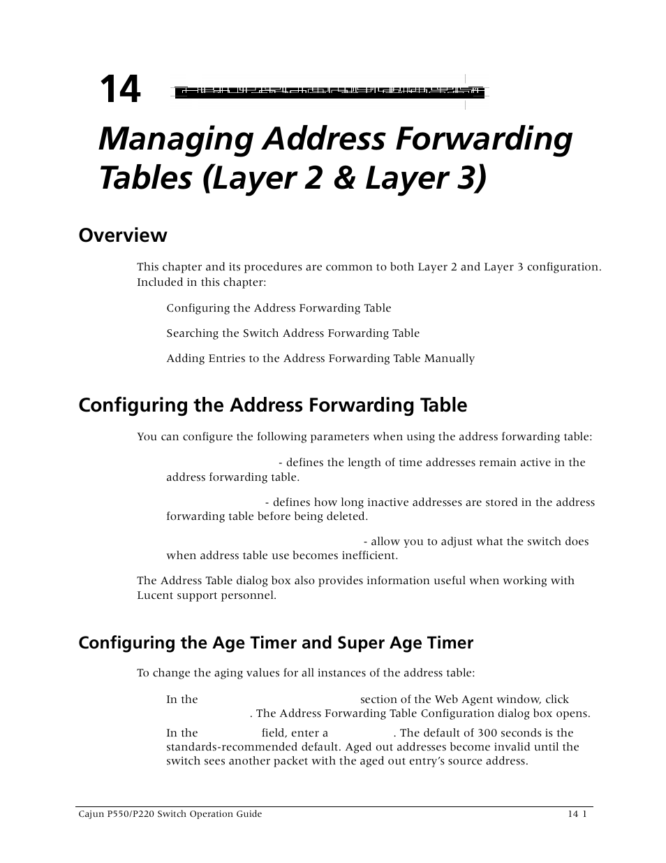 Configuring the address forwarding table, Configuring the age timer and super age timer, Configuring the age timer and super age timer -1 | Overview | Lucent Technologies P550 User Manual | Page 241 / 335