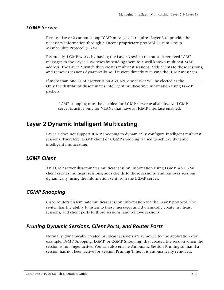 Lgmp server, Layer 2 dynamic intelligent multicasting, Lgmp client | Cgmp snooping, Lgmp server -3, Layer 2 dynamic intelligent multicasting -3 | Lucent Technologies P550 User Manual | Page 249 / 335