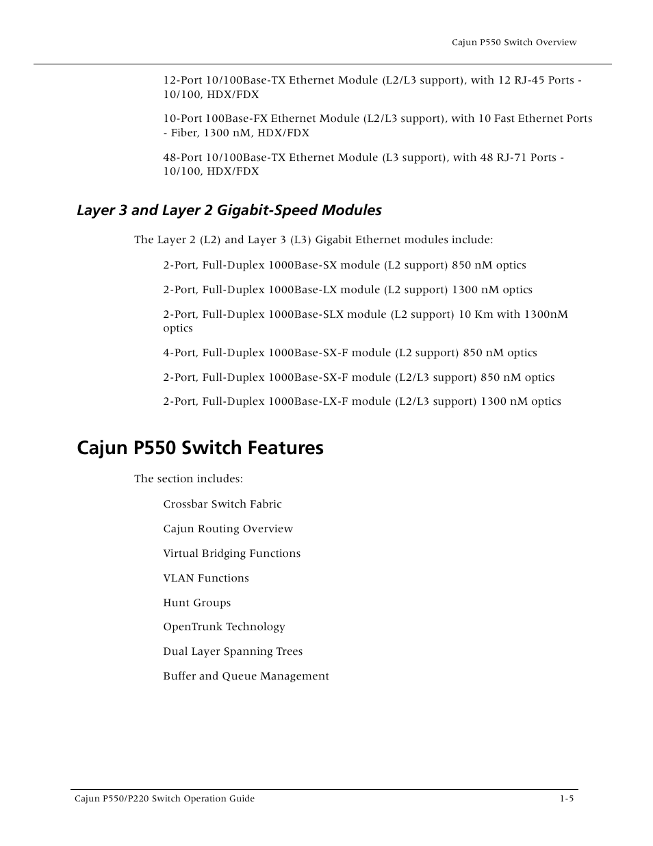 Layer 3 and layer 2 gigabit-speed modules, Cajun p550 switch features, Layer 3 and layer 2 gigabit-speed modules -5 | Cajun p550 switch features -5 | Lucent Technologies P550 User Manual | Page 25 / 335