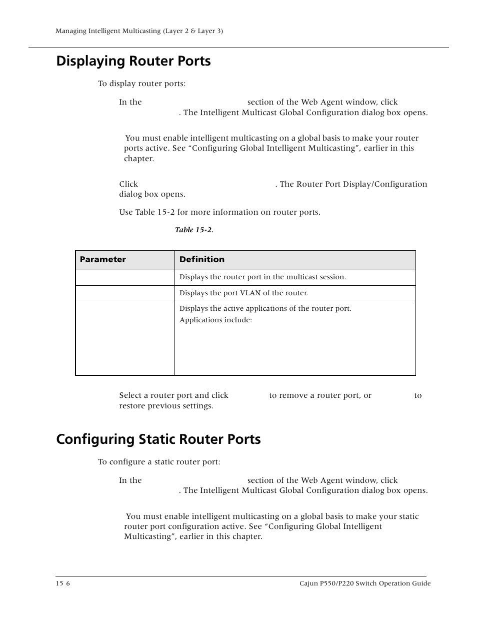 Displaying router ports, Configuring static router ports, Displaying router port | Configuring static router port | Lucent Technologies P550 User Manual | Page 252 / 335