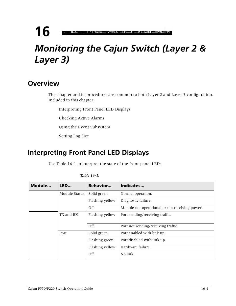 Monitoring the cajun switch (layer 2 & layer 3), Interpreting front panel led displays, Overview | Lucent Technologies P550 User Manual | Page 267 / 335