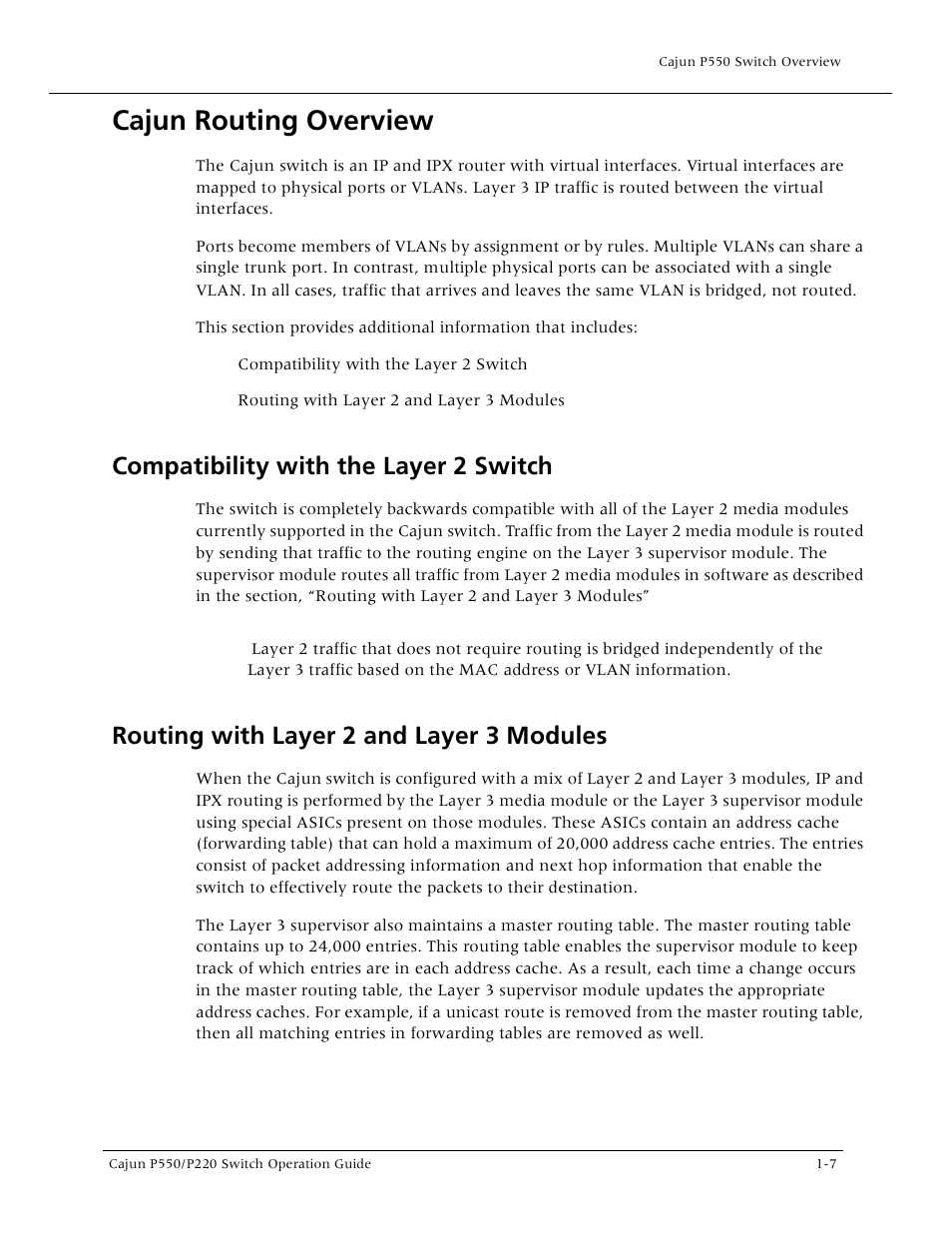 Cajun routing overview, Compatibility with the layer 2 switch, Routing with layer 2 and layer 3 modules | Cajun routing overview -7 | Lucent Technologies P550 User Manual | Page 27 / 335