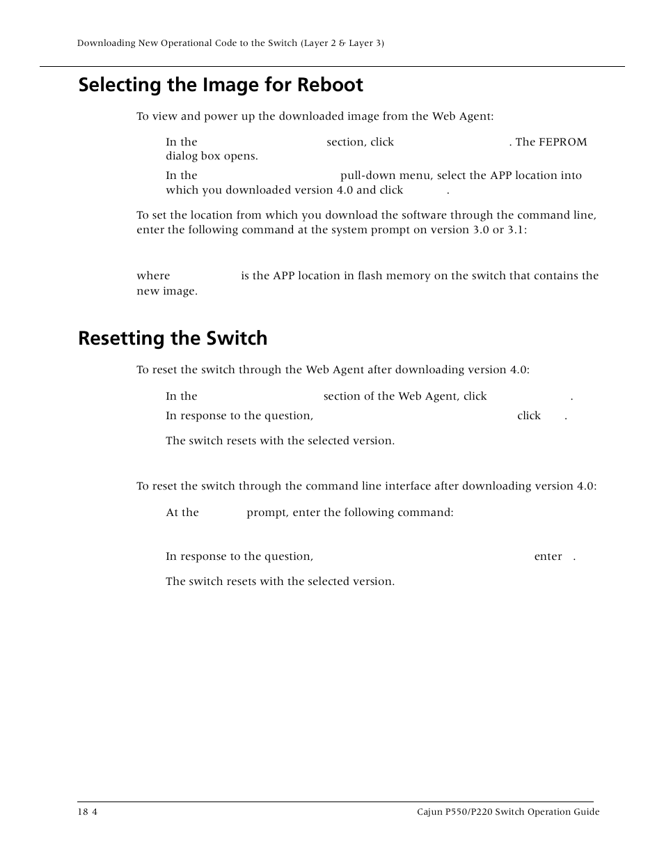 Selecting the image for reboot, Resetting the switch, Selecting the image for reboo | Lucent Technologies P550 User Manual | Page 288 / 335