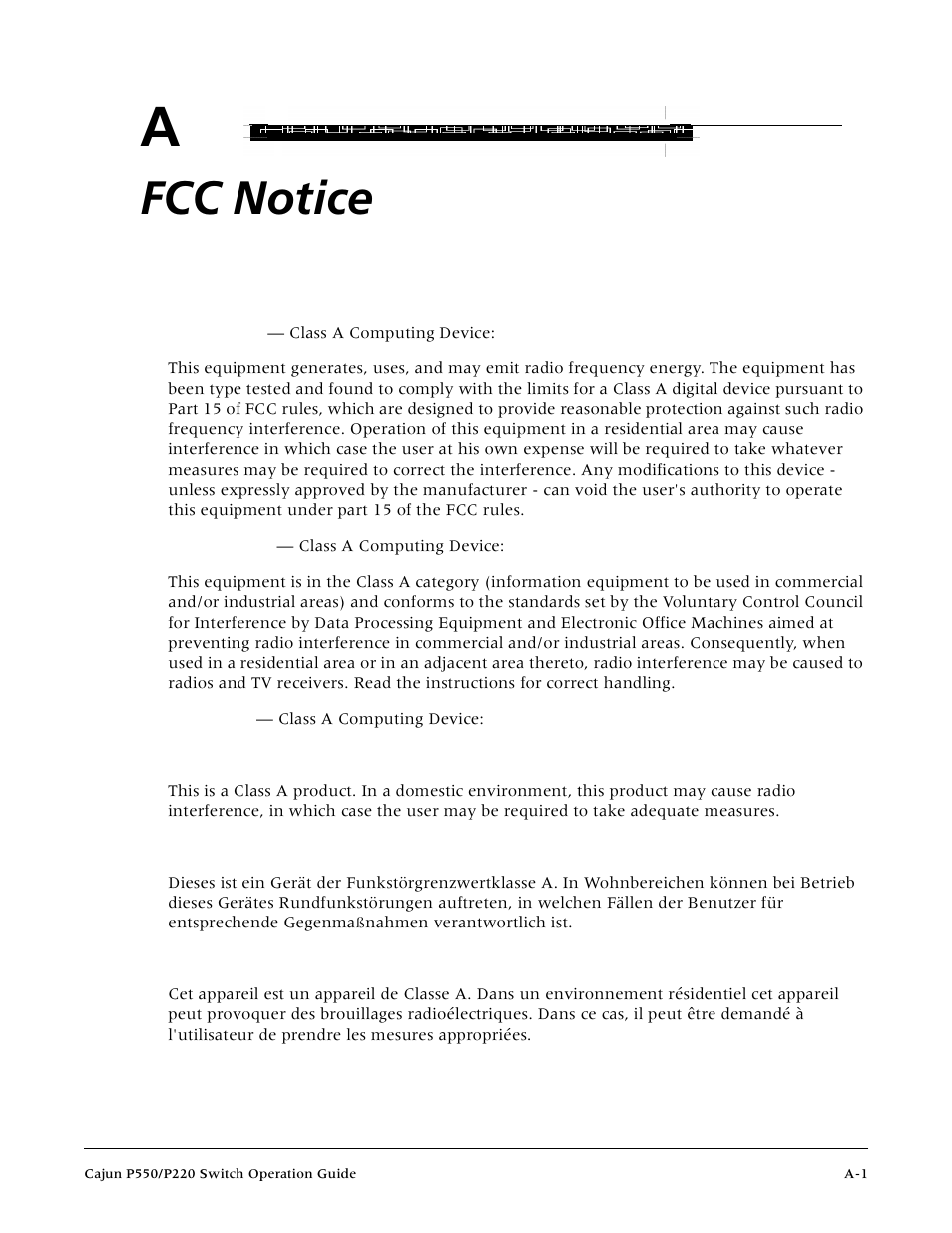 Appendix a — fcc notice, Fcc notice | Lucent Technologies P550 User Manual | Page 289 / 335