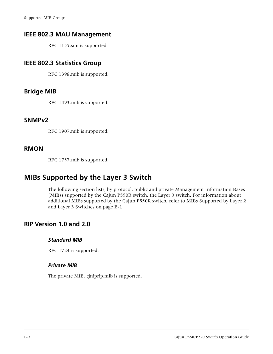 Ieee 802.3 mau management, Ieee 802.3 statistics group, Bridge mib | Snmpv2, Rmon, Mibs supported by the layer 3 switch, Rip version 1.0 and 2.0, Standard mib, Private mib | Lucent Technologies P550 User Manual | Page 292 / 335