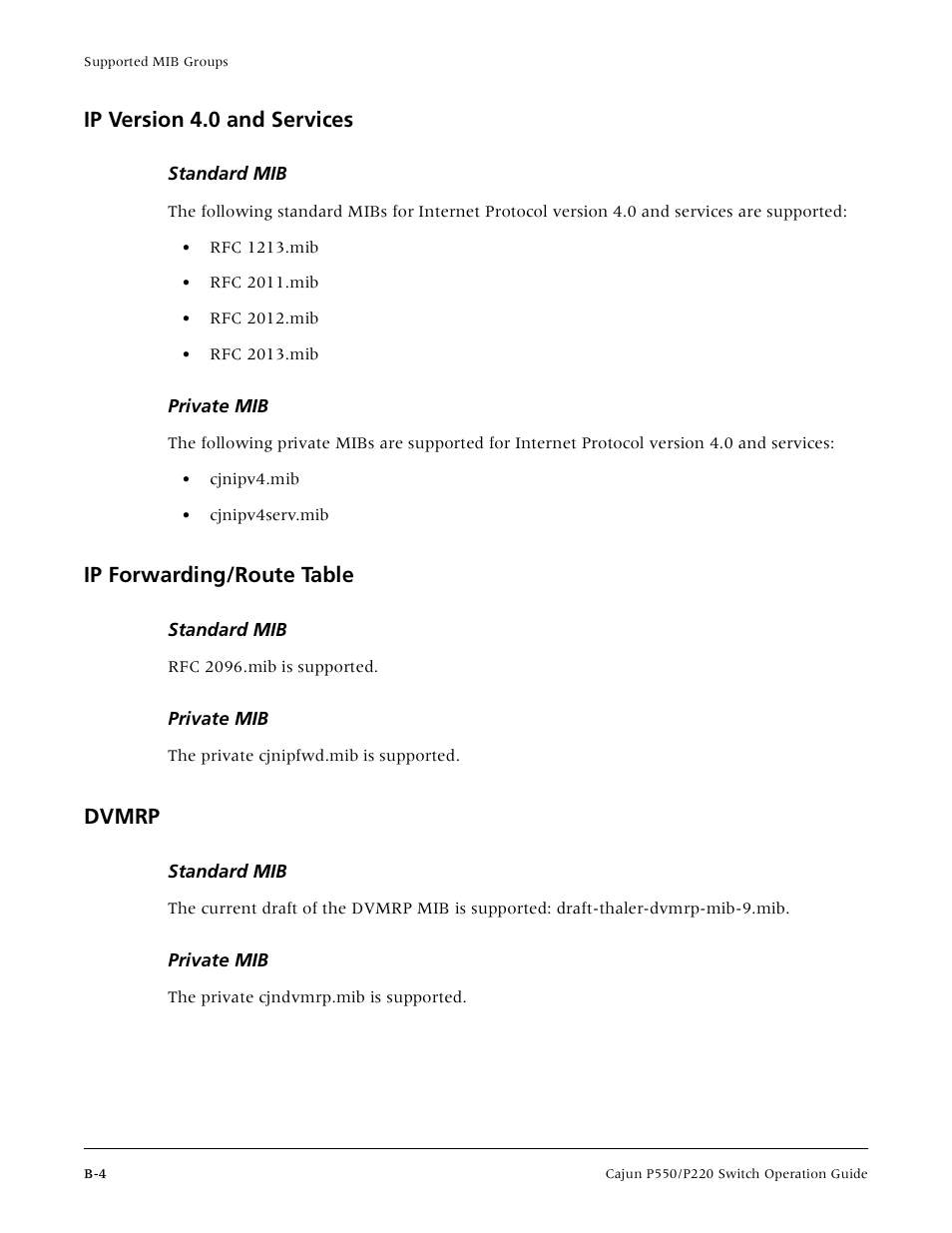 Ip version 4.0 and services, Standard mib, Private mib | Ip forwarding/route table, Dvmrp | Lucent Technologies P550 User Manual | Page 294 / 335