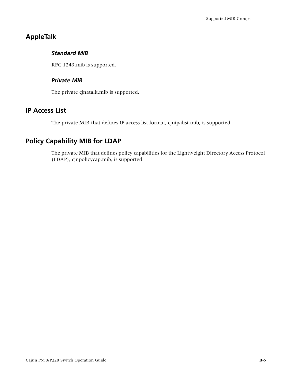 Appletalk, Standard mib, Private mib | Ip access list, Policy capability mib for ldap | Lucent Technologies P550 User Manual | Page 295 / 335