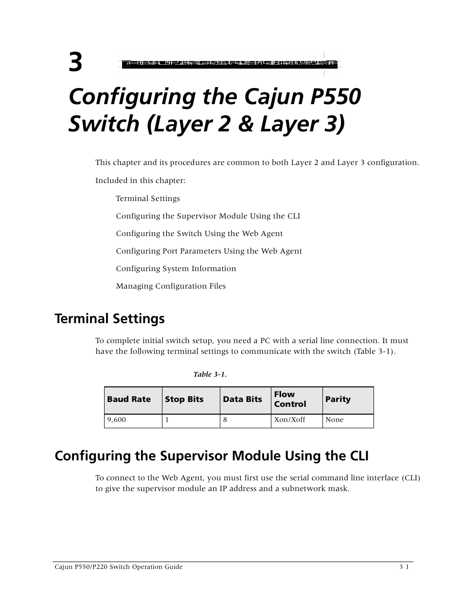 Terminal settings, Configuring the supervisor module using the cli | Lucent Technologies P550 User Manual | Page 47 / 335