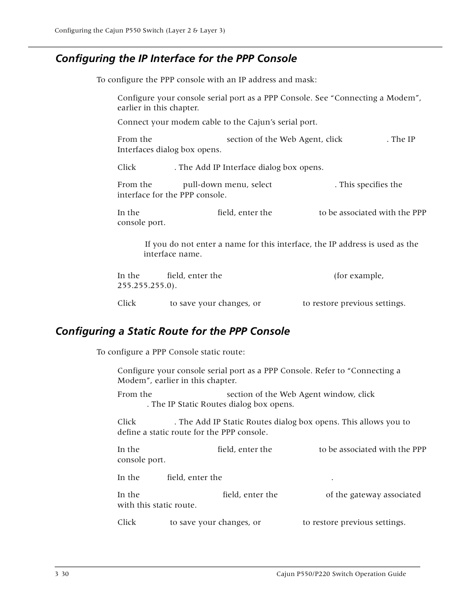 Configuring the ip interface for the ppp console, Configuring a static route for the ppp console | Lucent Technologies P550 User Manual | Page 76 / 335