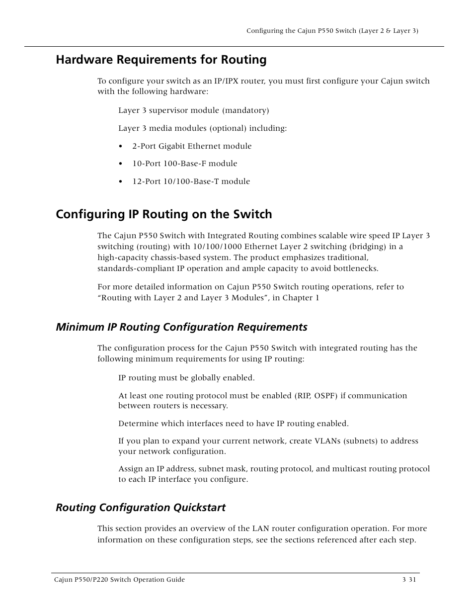 Hardware requirements for routing, Configuring ip routing on the switch, Minimum ip routing configuration requirements | Routing configuration quickstart, Routing configuration quickstart -31 | Lucent Technologies P550 User Manual | Page 77 / 335