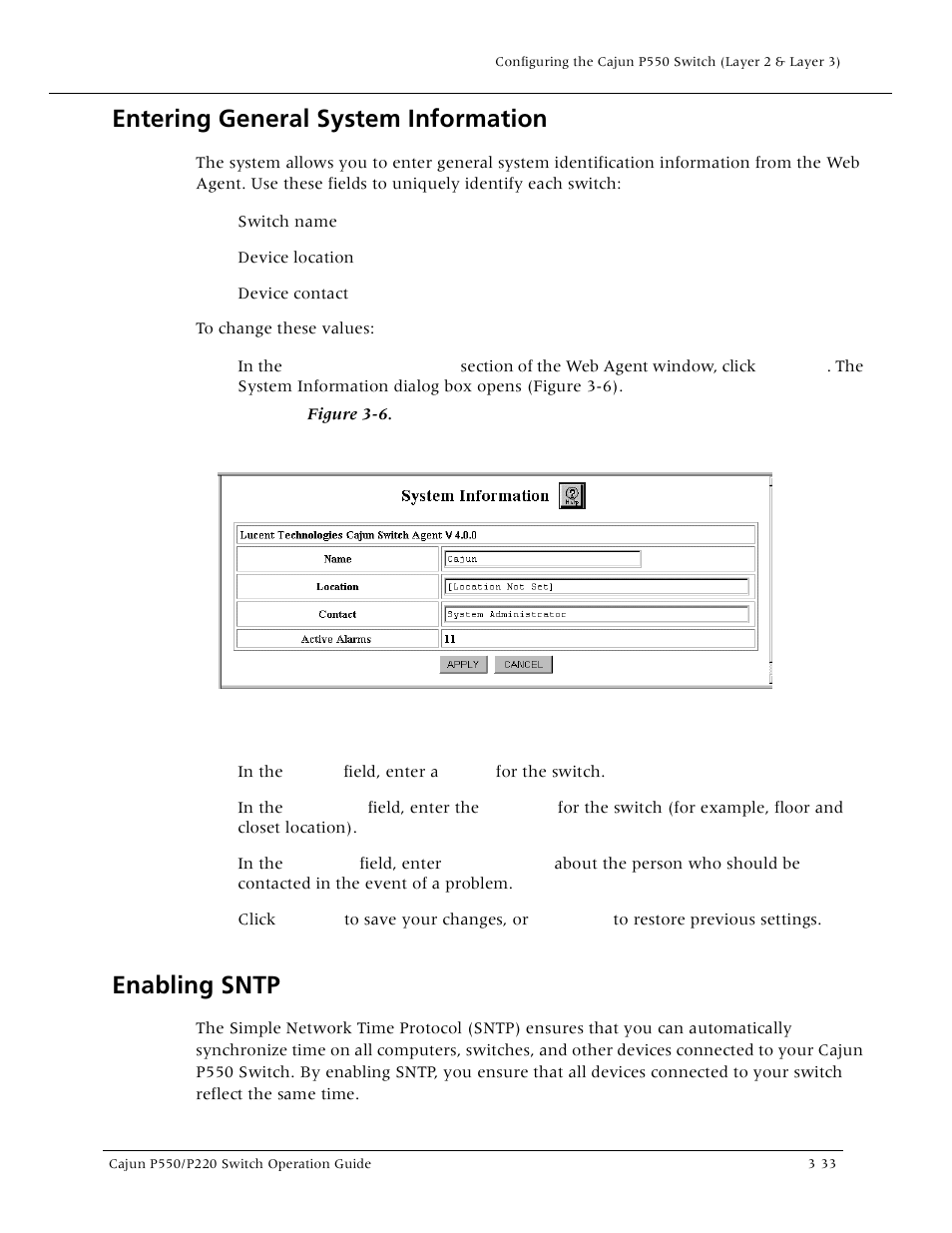 Entering general system information, Enabling sntp, Entering general system informatio | Lucent Technologies P550 User Manual | Page 79 / 335