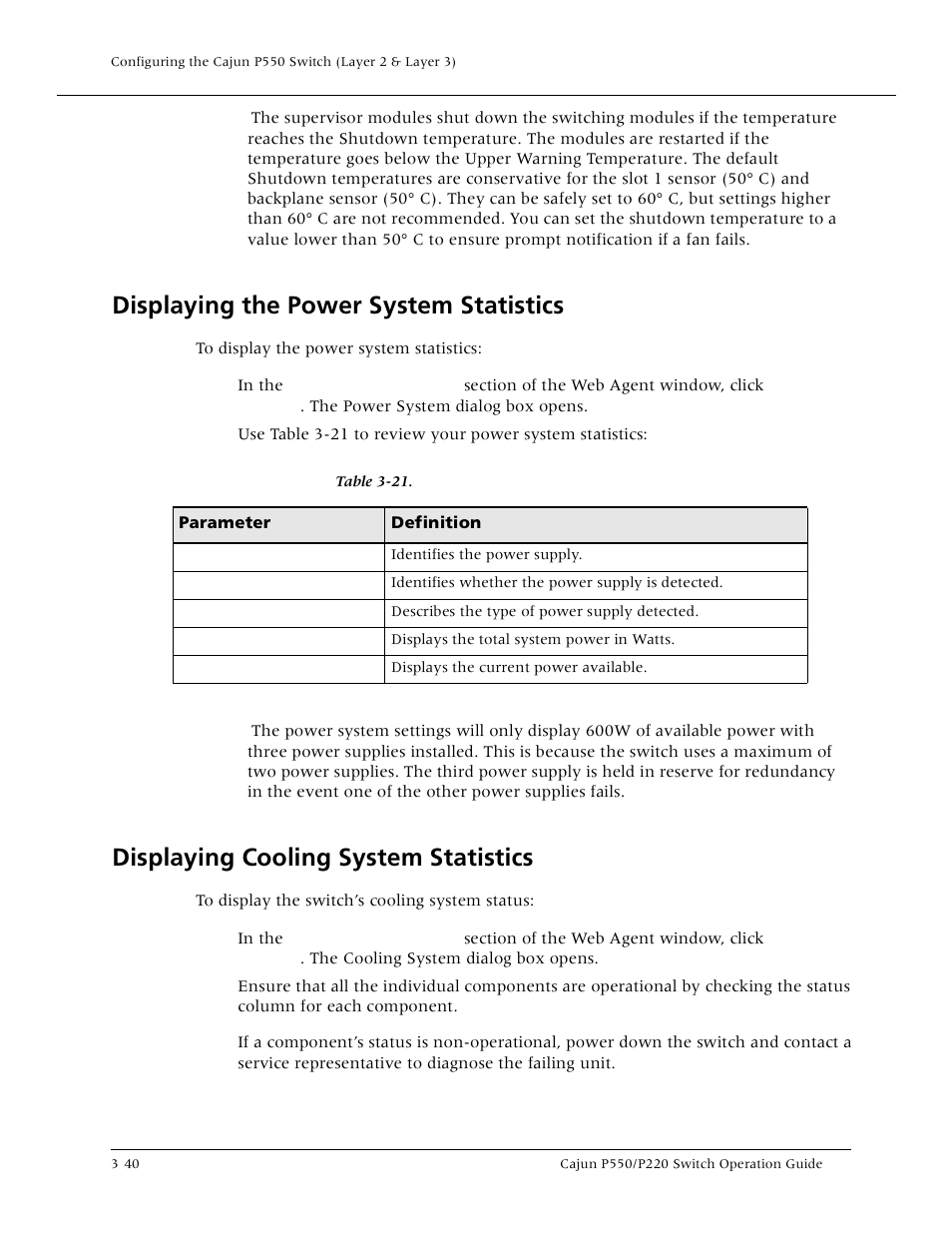 Displaying the power system statistics, Displaying cooling system statistics, Displaying the power system statistic | Displaying cooling system statistic | Lucent Technologies P550 User Manual | Page 86 / 335