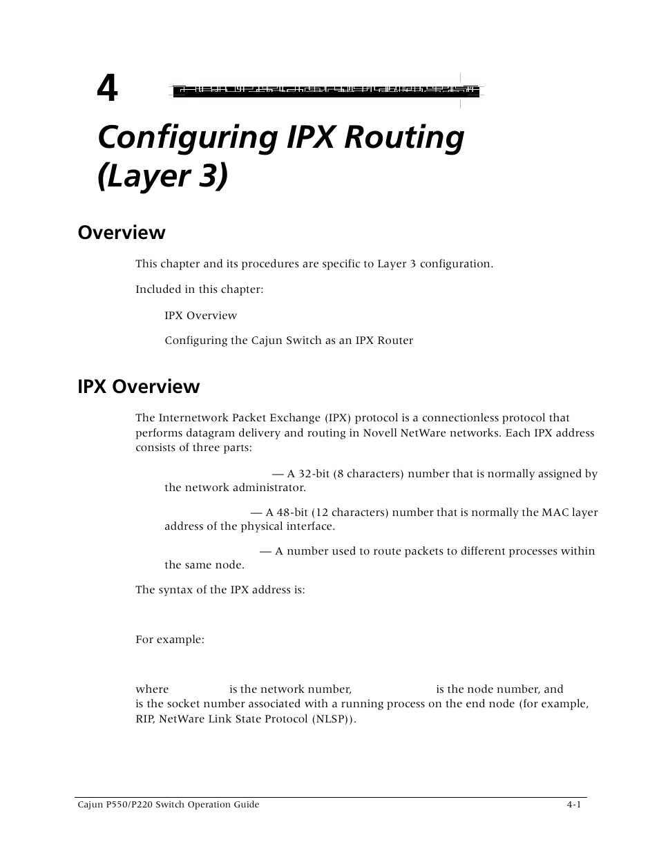 Configuring ipx routing (layer 3), Ipx overview, Chapter 4 — configuring ipx routing (layer 3) | Overview -1 ipx overview -1, Overview | Lucent Technologies P550 User Manual | Page 97 / 335
