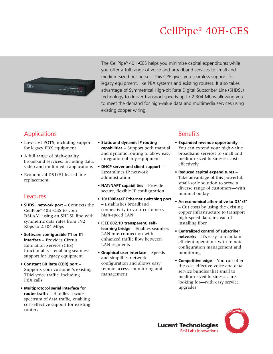 Lucent Technologies CellPipe 40H-CES User Manual | 2 pages