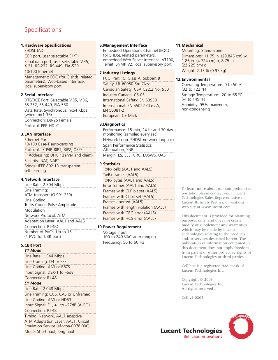 Specifications | Lucent Technologies CellPipe 40H-CES User Manual | Page 2 / 2