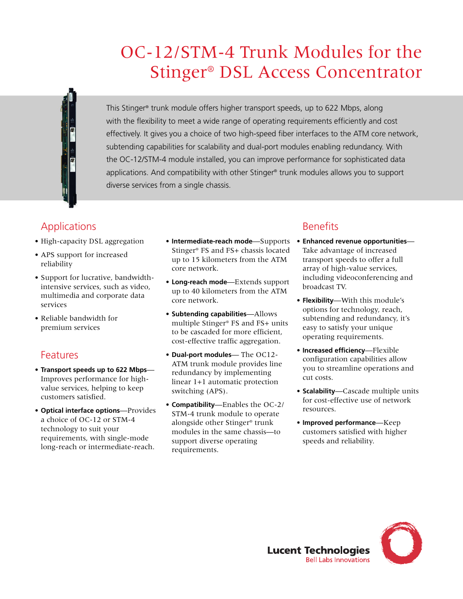 Lucent Technologies Stinger Trunk Module OC-12/STM-4 User Manual | 2 pages