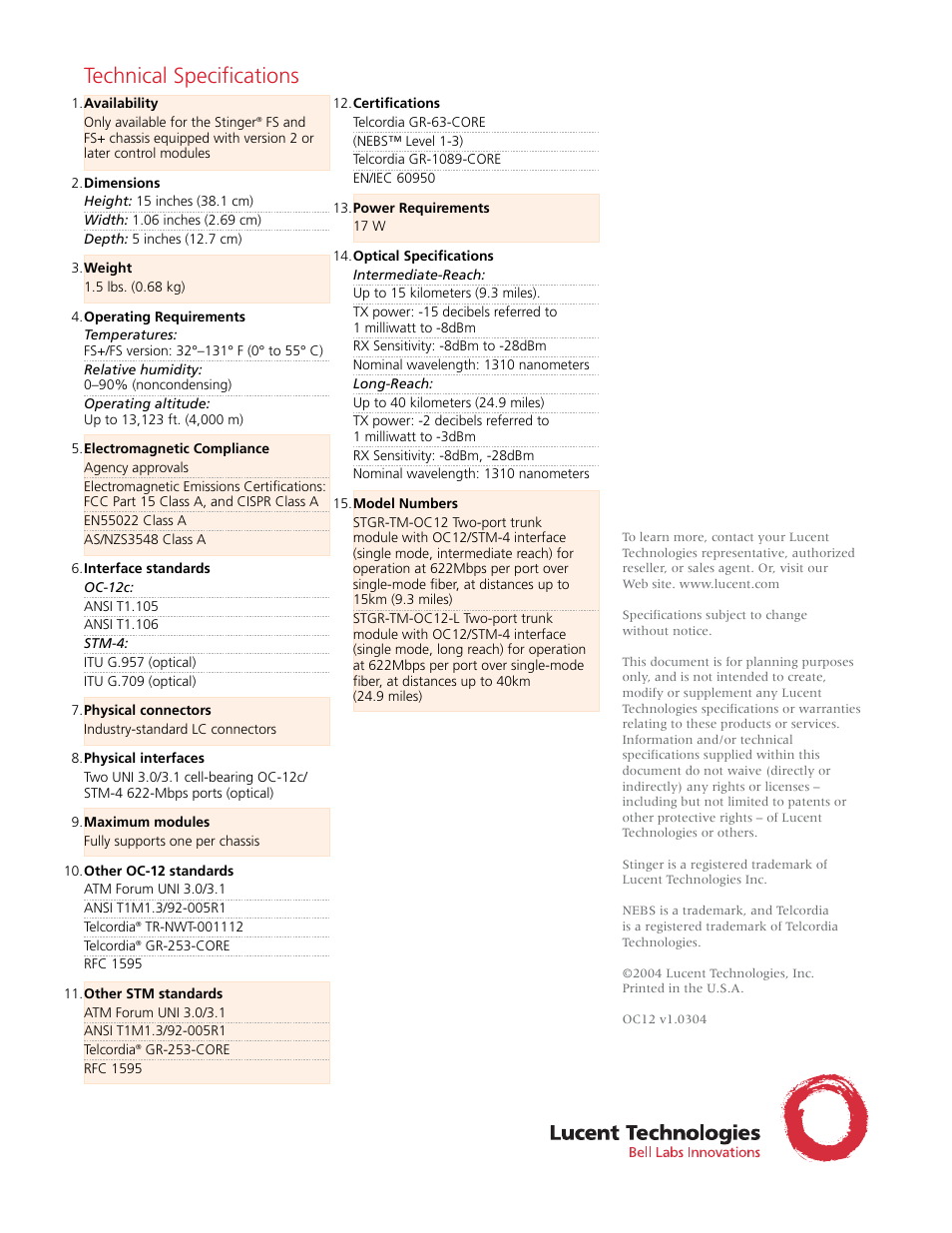 Technical specifications | Lucent Technologies Stinger Trunk Module OC-12/STM-4 User Manual | Page 2 / 2