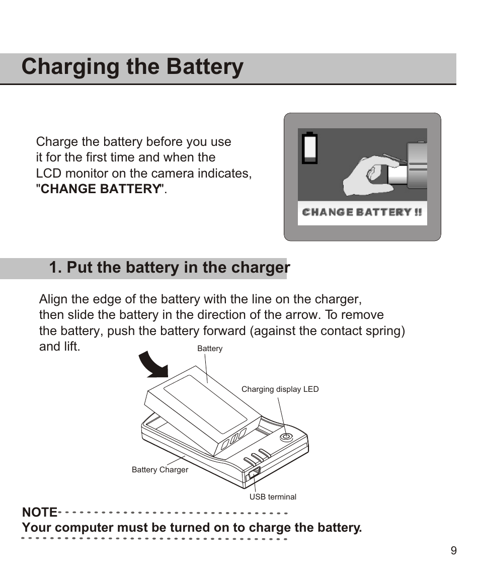Charging the battery, Put the battery in the charger | Largan EASY 200 User Manual | Page 15 / 58