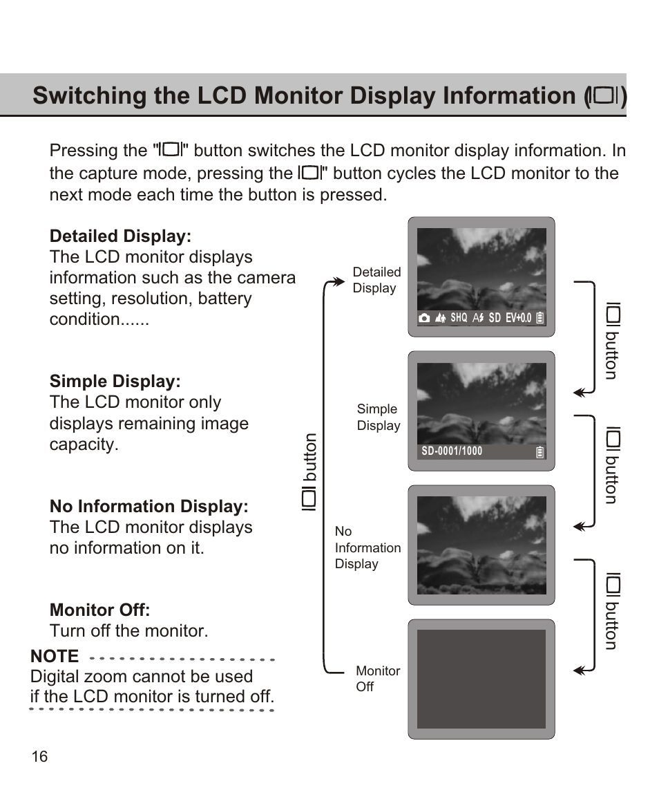 Switching the lcd monitor display information ( ) | Largan EASY 200 User Manual | Page 22 / 58