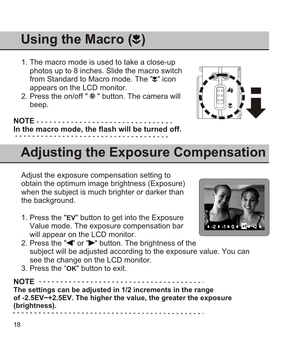 Using the macro ( ), Adjusting the exposure compensation | Largan EASY 200 User Manual | Page 24 / 58