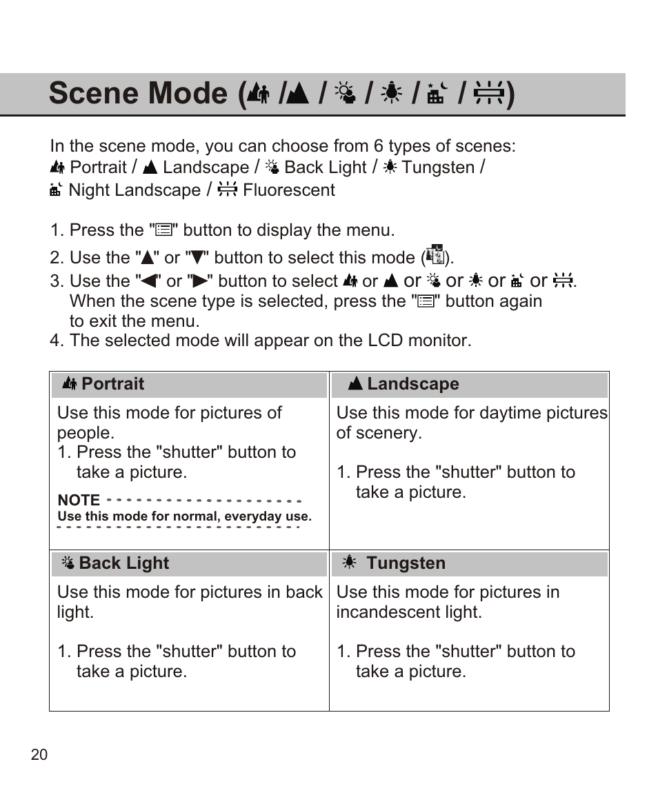 Scene mode ( / / / / / ) | Largan EASY 200 User Manual | Page 26 / 58