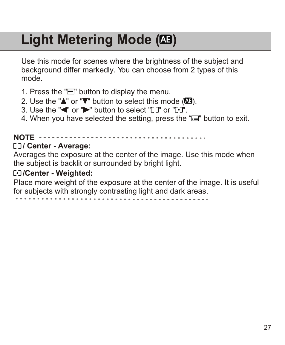 Light metering mode ( ) | Largan EASY 200 User Manual | Page 33 / 58
