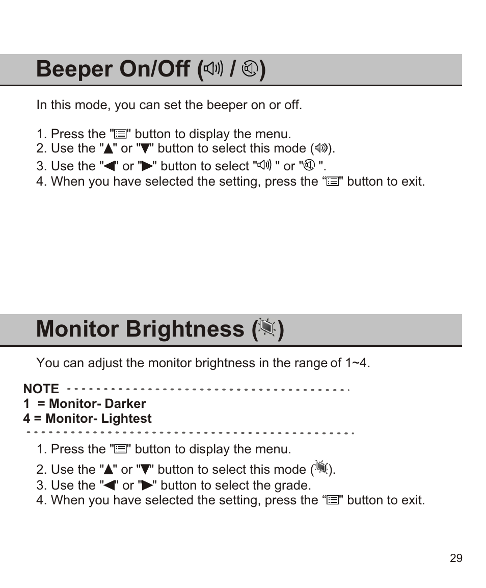 Beeper on/off ( / ), Monitor brightness | Largan EASY 200 User Manual | Page 35 / 58