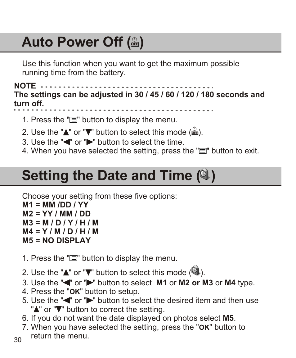 Setting the date and time, Auto power off ( ) | Largan EASY 200 User Manual | Page 36 / 58