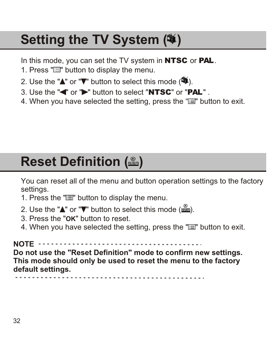 Setting the tv system, Reset definition ( ) | Largan EASY 200 User Manual | Page 38 / 58