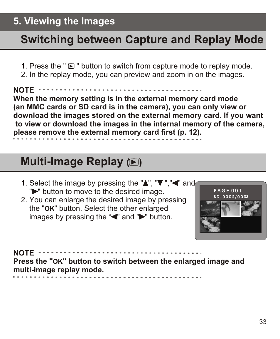 Switching between capture and replay mode, Multi-image replay, Viewing the images | Largan EASY 200 User Manual | Page 39 / 58