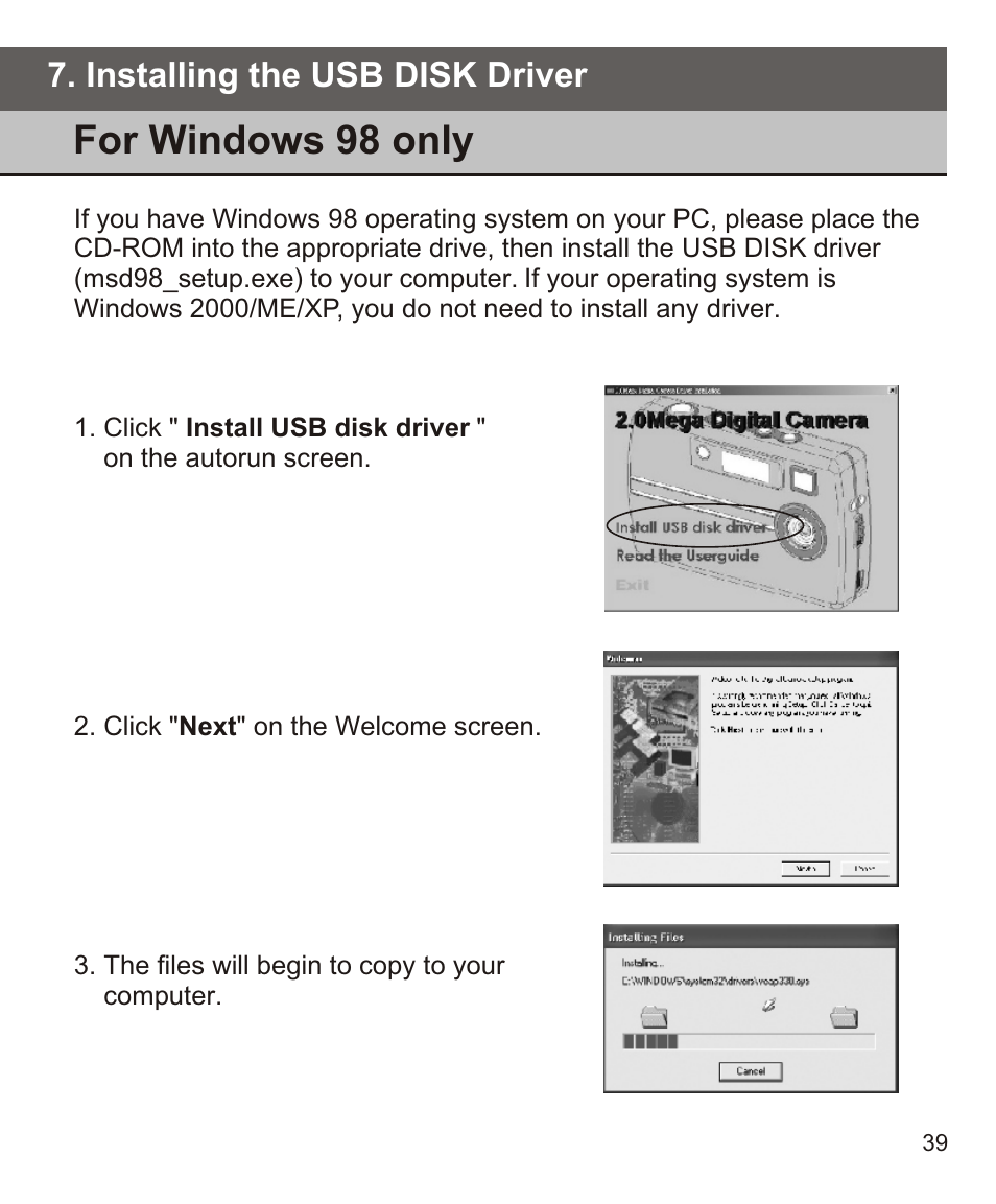For windows 98 only, Installing the usb disk driver | Largan EASY 200 User Manual | Page 45 / 58