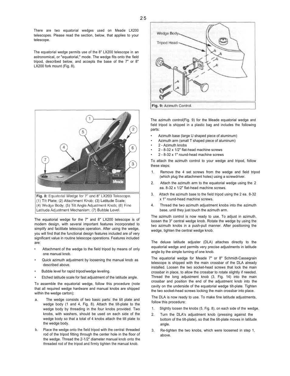 Appendix a: equatorial wedge, 8" equatorial wedge (for 7" and 8" lx200), A. azimuth control | B. deluxe latitude adjuster | Leisure Time LX20 User Manual | Page 25 / 65