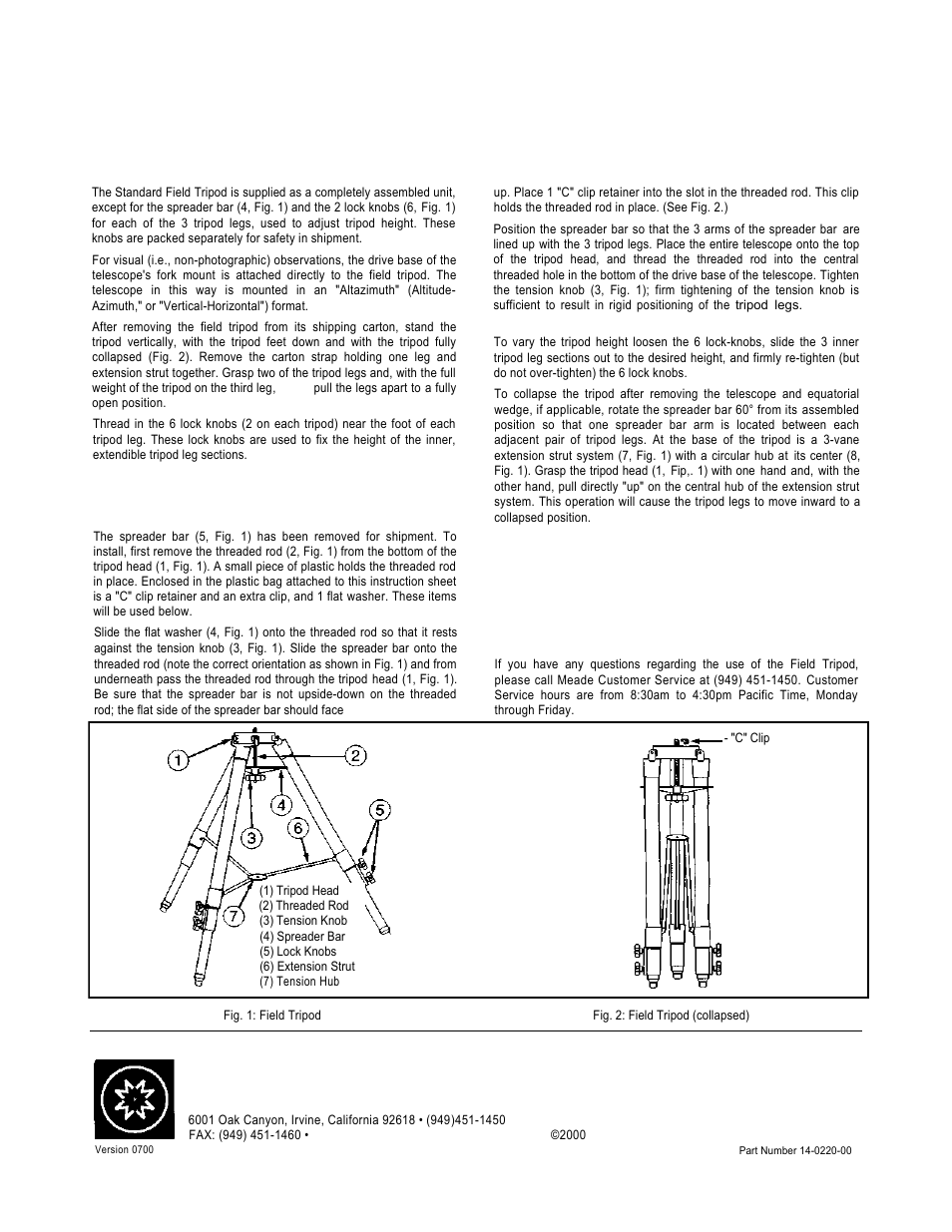 Operating instructions meade standard field tripod, Operating instructions, Meade instruments corporation | Meade standard field tripod | Leisure Time LX20 User Manual | Page 64 / 65