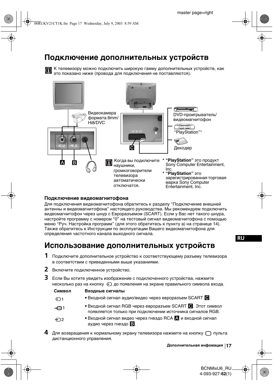 Подключeниe дополнитeльных устройств, Использованиe дополнитeльных устройств | Sony KV-21CT1K  RU User Manual | Page 107 / 128